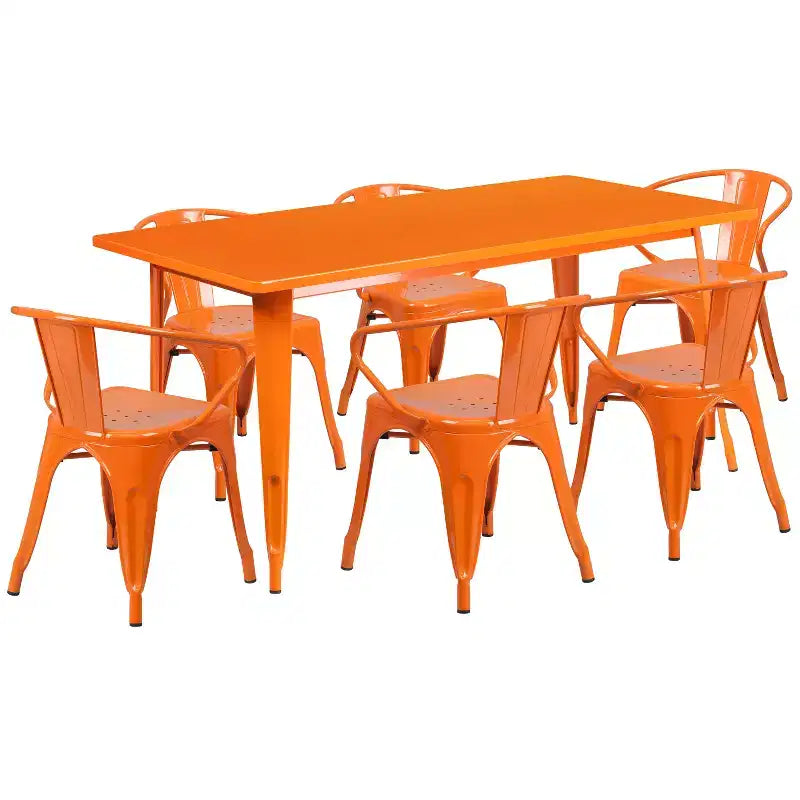 Set Tavolo Rettangolare per Interni ed Esterni in Metallo 80x160 cm con 6 Poltroncine, Grado Commerciale Flash Furniture