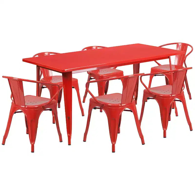 Set Tavolo Rettangolare per Interni ed Esterni in Metallo 80x160 cm con 6 Poltroncine, Grado Commerciale Flash Furniture