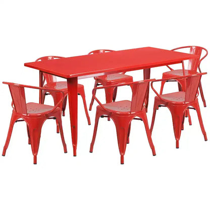 Set Tavolo Rettangolare per Interni ed Esterni in Metallo 80x160 cm con 6 Poltroncine, Grado Commerciale Flash Furniture