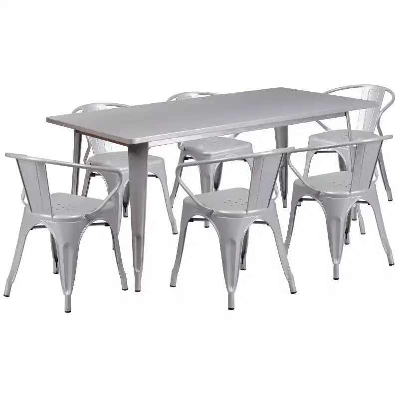 Set Tavolo Rettangolare per Interni ed Esterni in Metallo 80x160 cm con 6 Poltroncine, Grado Commerciale Flash Furniture