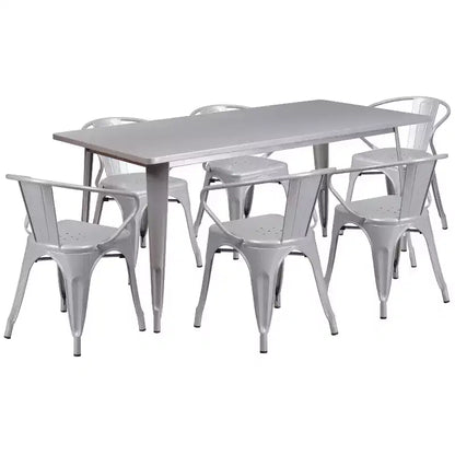 Set Tavolo Rettangolare per Interni ed Esterni in Metallo 80x160 cm con 6 Poltroncine, Grado Commerciale Flash Furniture