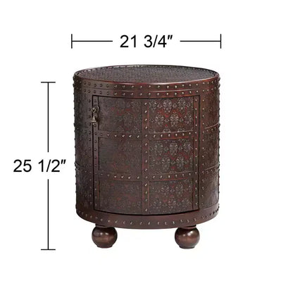 Kensington Hill Hadley Rustic Vintage Wood Round Accent Table 21 3/4 Wide with Storage Shelf Brown Petition Leather Embossed Pattern for Living Room