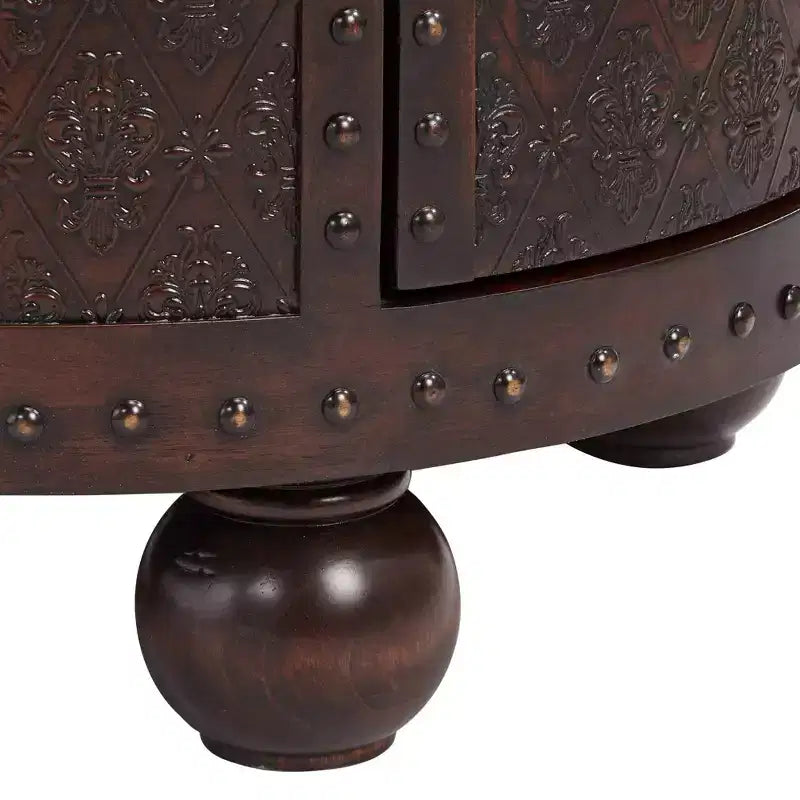 Kensington Hill Hadley Rustic Vintage Wood Round Accent Table 21 3/4 Wide with Storage Shelf Brown Petition Leather Embossed Pattern for Living Room