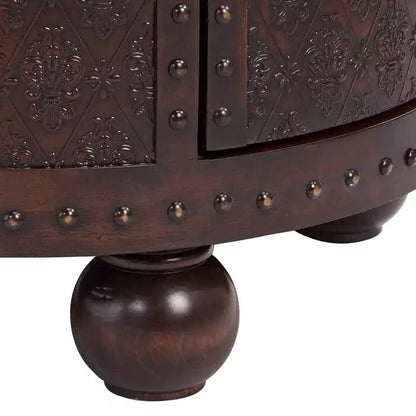 Kensington Hill Hadley Rustic Vintage Wood Round Accent Table 21 3/4 Wide with Storage Shelf Brown Petition Leather Embossed Pattern for Living Room