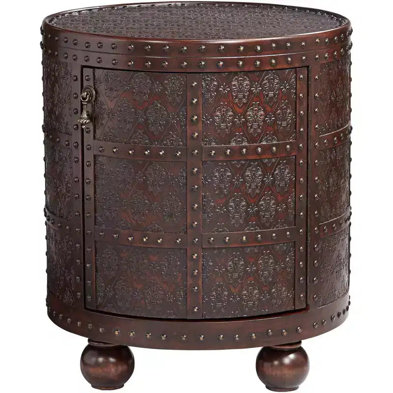 Kensington Hill Hadley Rustic Vintage Wood Round Accent Table 21 3/4 Wide with Storage Shelf Brown Petition Leather Embossed Pattern for Living Room