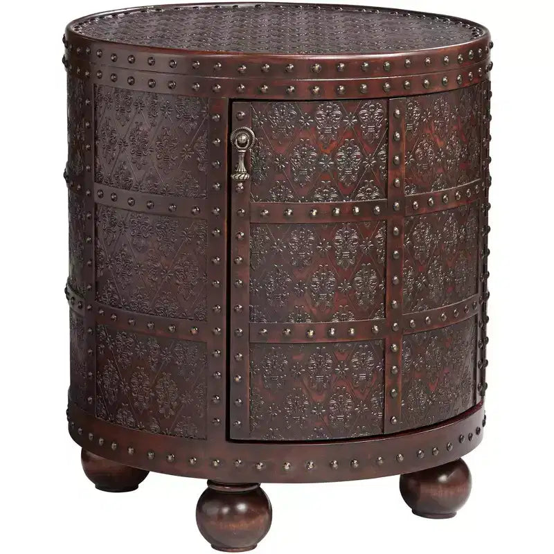 Kensington Hill Hadley Rustic Vintage Wood Round Accent Table 21 3/4 Wide with Storage Shelf Brown Petition Leather Embossed Pattern for Living Room