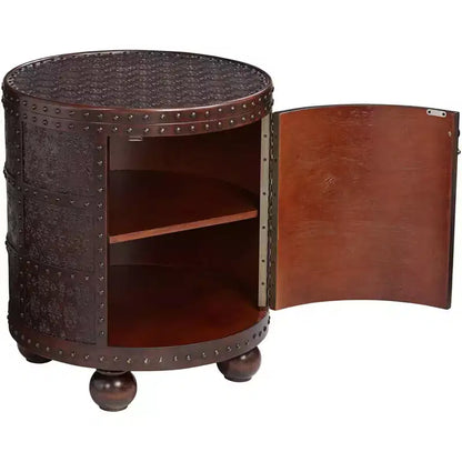 Kensington Hill Hadley Rustic Vintage Wood Round Accent Table 21 3/4 Wide with Storage Shelf Brown Petition Leather Embossed Pattern for Living Room