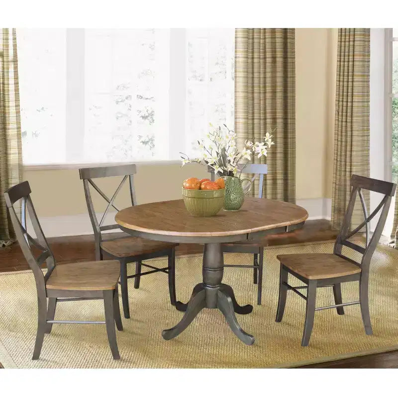 Set Tavolo da Pranzo Rotondo Estensibile International Concepts 36 con 4 Sedie a Croce