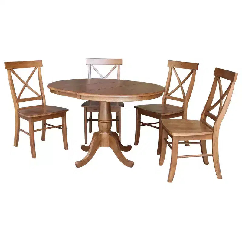 Set Tavolo da Pranzo Rotondo Estensibile International Concepts 36 con 4 Sedie a Croce