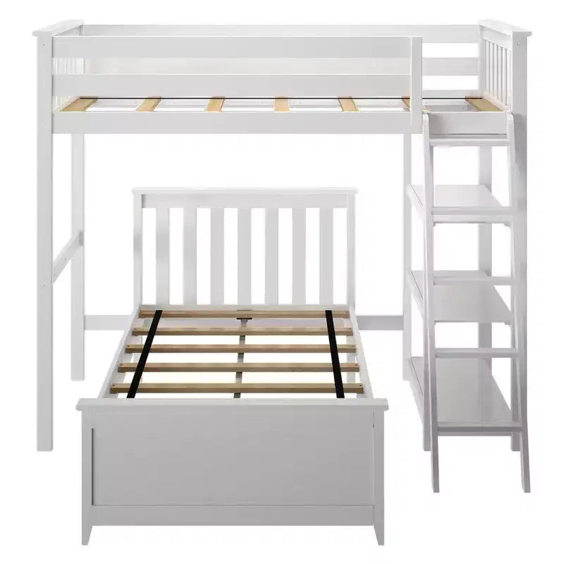 Max & Lily Solid Wood L-Shaped Twin over Twin Bunk Bed with Bookcase for Kids