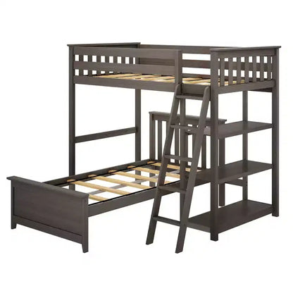 Max & Lily Solid Wood L-Shaped Twin over Twin Bunk Bed with Bookcase for Kids