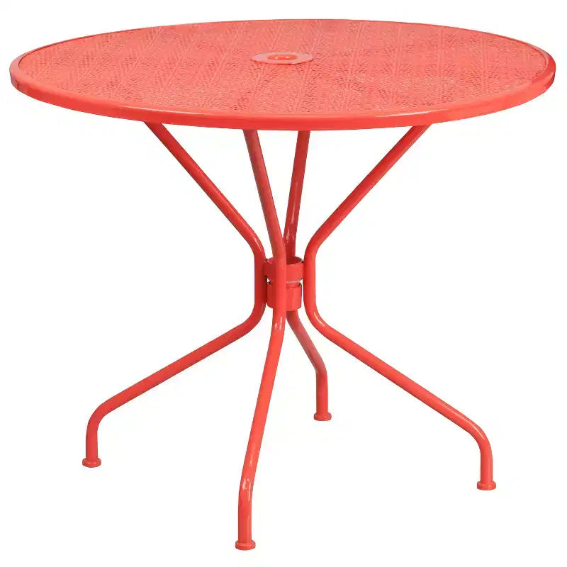 Emma and Oliver Commercial Grade 35.25 Round Metal Garden Patio Table Set, 2 Square Back Chairs