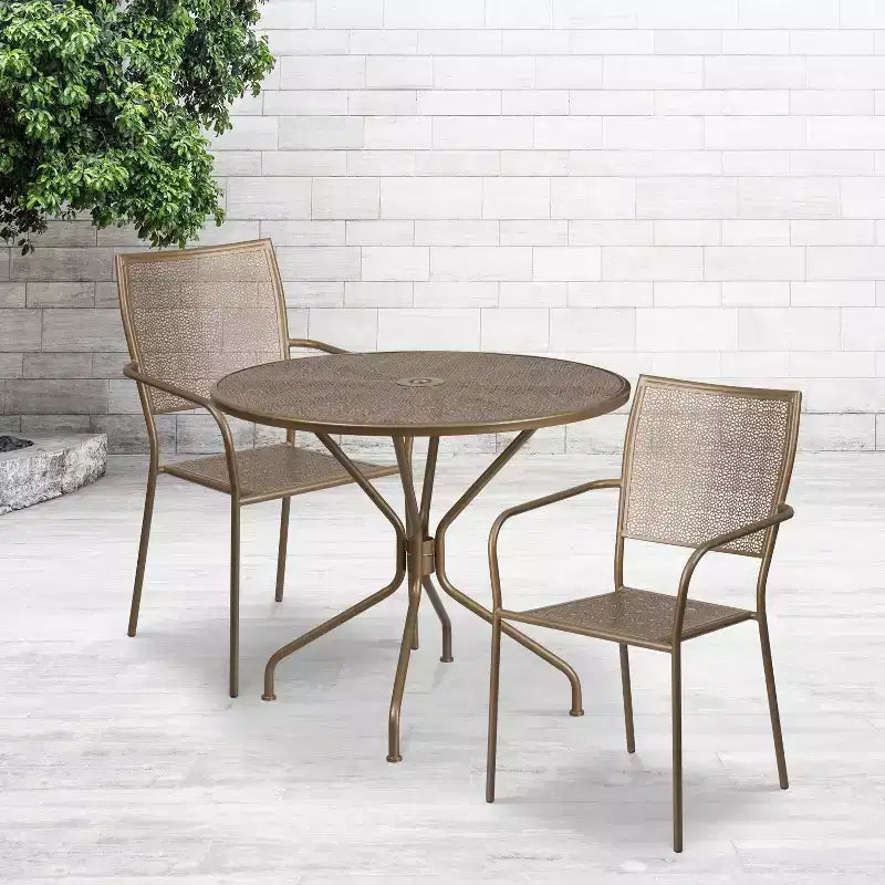 Emma and Oliver Commercial Grade 35.25 Round Metal Garden Patio Table Set, 2 Square Back Chairs