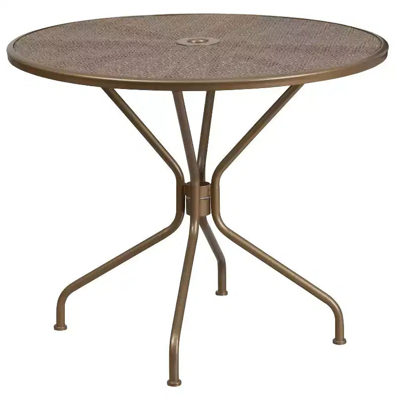 Emma and Oliver Commercial Grade 35.25 Round Metal Garden Patio Table Set, 2 Square Back Chairs