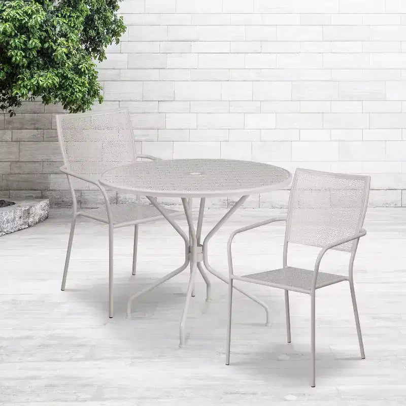 Emma and Oliver Commercial Grade 35.25 Round Metal Garden Patio Table Set, 2 Square Back Chairs