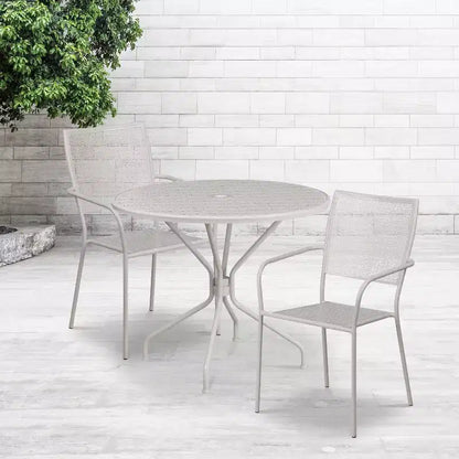 Emma and Oliver Commercial Grade 35.25 Round Metal Garden Patio Table Set, 2 Square Back Chairs