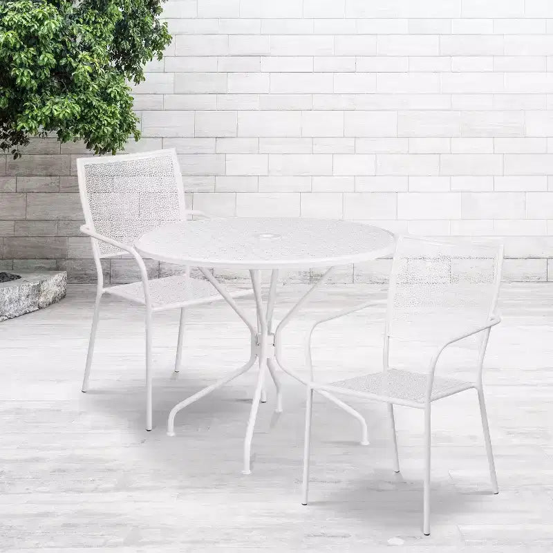 Emma and Oliver Commercial Grade 35.25 Round Metal Garden Patio Table Set, 2 Square Back Chairs