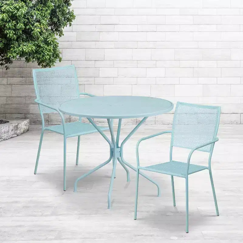 Emma and Oliver Commercial Grade 35.25 Round Metal Garden Patio Table Set, 2 Square Back Chairs