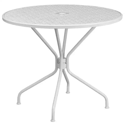 Emma and Oliver Commercial Grade 35.25 Round Metal Garden Patio Table Set, 2 Square Back Chairs