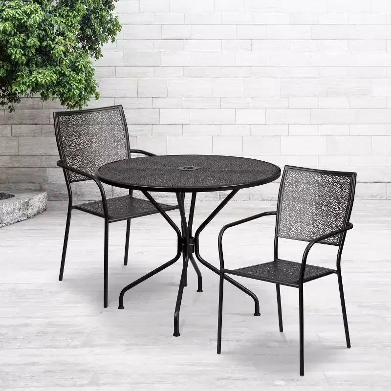 Emma and Oliver Commercial Grade 35.25 Round Metal Garden Patio Table Set, 2 Square Back Chairs