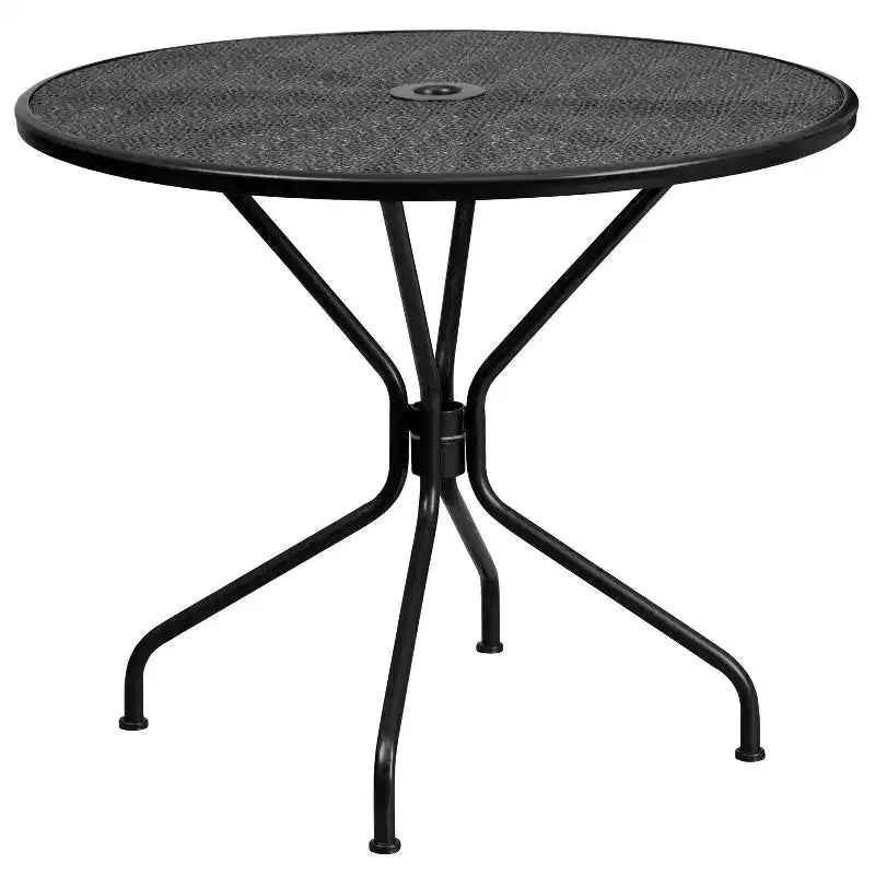 Emma and Oliver Commercial Grade 35.25 Round Metal Garden Patio Table Set, 2 Square Back Chairs