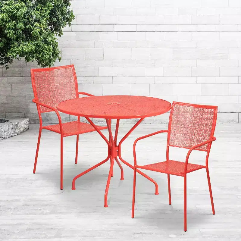 Emma and Oliver Commercial Grade 35.25 Round Metal Garden Patio Table Set, 2 Square Back Chairs