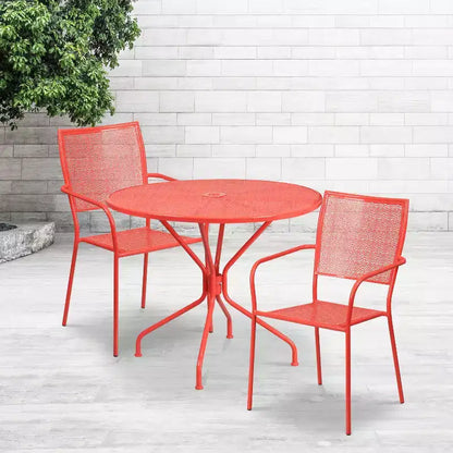 Emma and Oliver Commercial Grade 35.25 Round Metal Garden Patio Table Set, 2 Square Back Chairs
