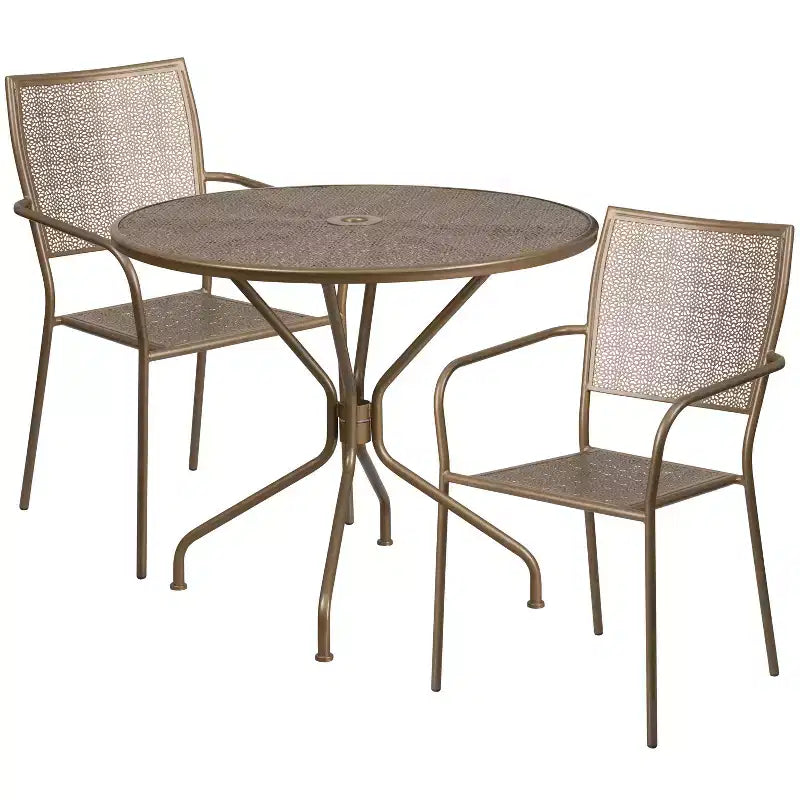 Emma and Oliver Commercial Grade 35.25 Round Metal Garden Patio Table Set, 2 Square Back Chairs