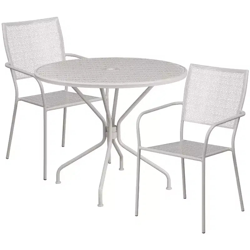 Emma and Oliver Commercial Grade 35.25 Round Metal Garden Patio Table Set, 2 Square Back Chairs