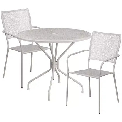 Emma and Oliver Commercial Grade 35.25 Round Metal Garden Patio Table Set, 2 Square Back Chairs