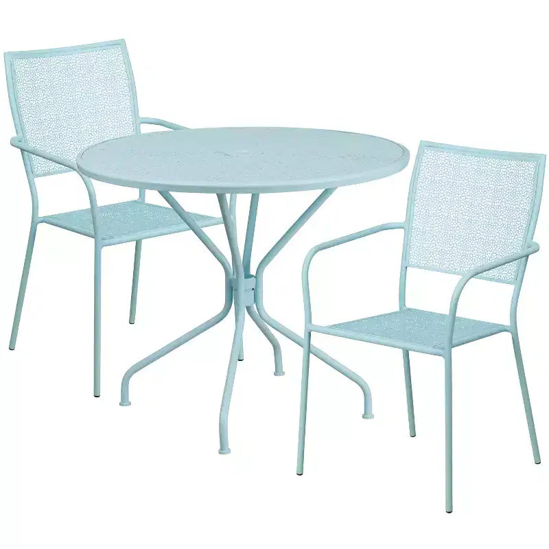 Emma and Oliver Commercial Grade 35.25 Round Metal Garden Patio Table Set, 2 Square Back Chairs