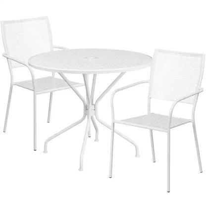 Emma and Oliver Commercial Grade 35.25 Round Metal Garden Patio Table Set, 2 Square Back Chairs