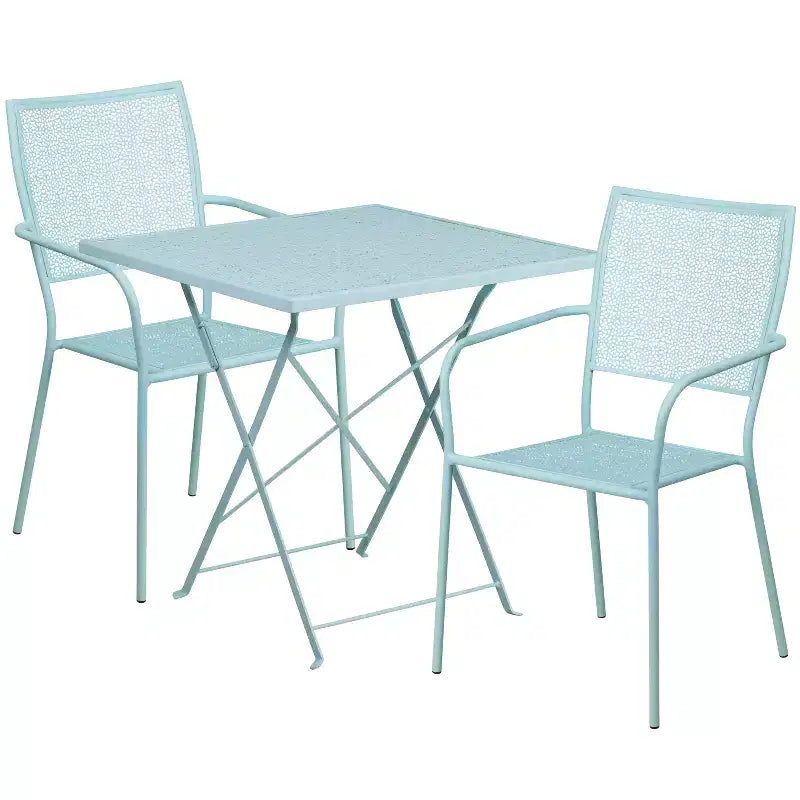 Emma and Oliver Commercial 28 Square Metal Folding Patio Table Set w/ 2 Square Back Chairs