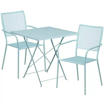 Emma and Oliver Commercial 28 Square Metal Folding Patio Table Set w/ 2 Square Back Chairs