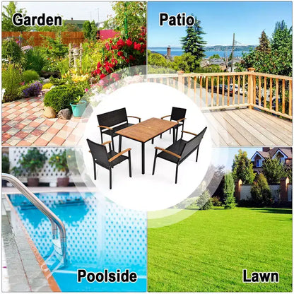 Costway 5PC Patio Rattan Dining Set Acacia Wood Table Top Stackable Chair Bench