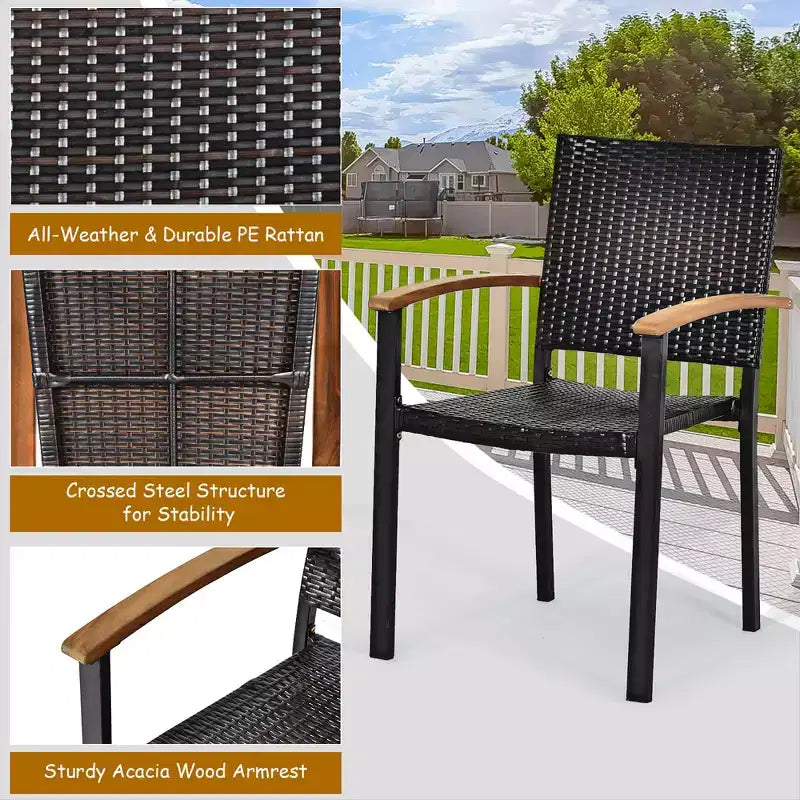 Costway 5PC Patio Rattan Dining Set Acacia Wood Table Top Stackable Chair Bench