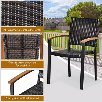 Costway 5PC Patio Rattan Dining Set Acacia Wood Table Top Stackable Chair Bench