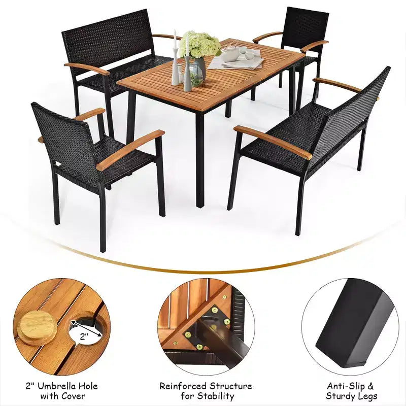 Costway 5PC Patio Rattan Dining Set Acacia Wood Table Top Stackable Chair Bench