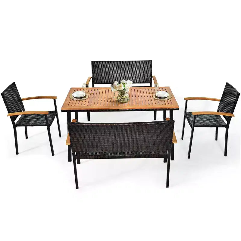 Costway 5PC Patio Rattan Dining Set Acacia Wood Table Top Stackable Chair Bench