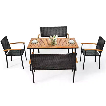 Costway 5PC Patio Rattan Dining Set Acacia Wood Table Top Stackable Chair Bench
