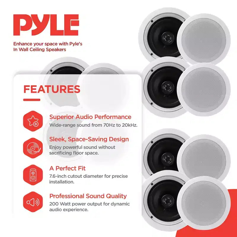 Pyle PDIC1661RD, Altoparlanti a Parete da Incasso da 6,5 Pollici, 200 Watt, a 2 Vie, da Interno, per Casa, Coppia, Bianco (3 Coppie)