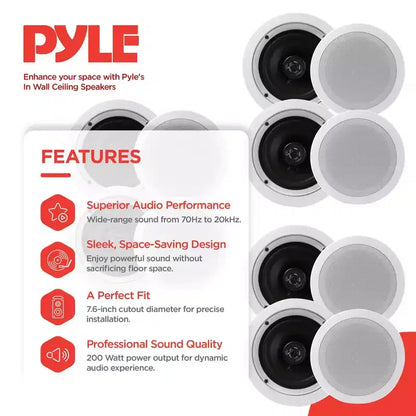 Pyle PDIC1661RD, Altoparlanti a Parete da Incasso da 6,5 Pollici, 200 Watt, a 2 Vie, da Interno, per Casa, Coppia, Bianco (3 Coppie)