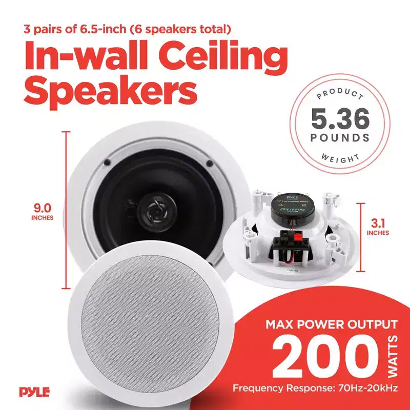 Pyle PDIC1661RD, Altoparlanti a Parete da Incasso da 6,5 Pollici, 200 Watt, a 2 Vie, da Interno, per Casa, Coppia, Bianco (3 Coppie)