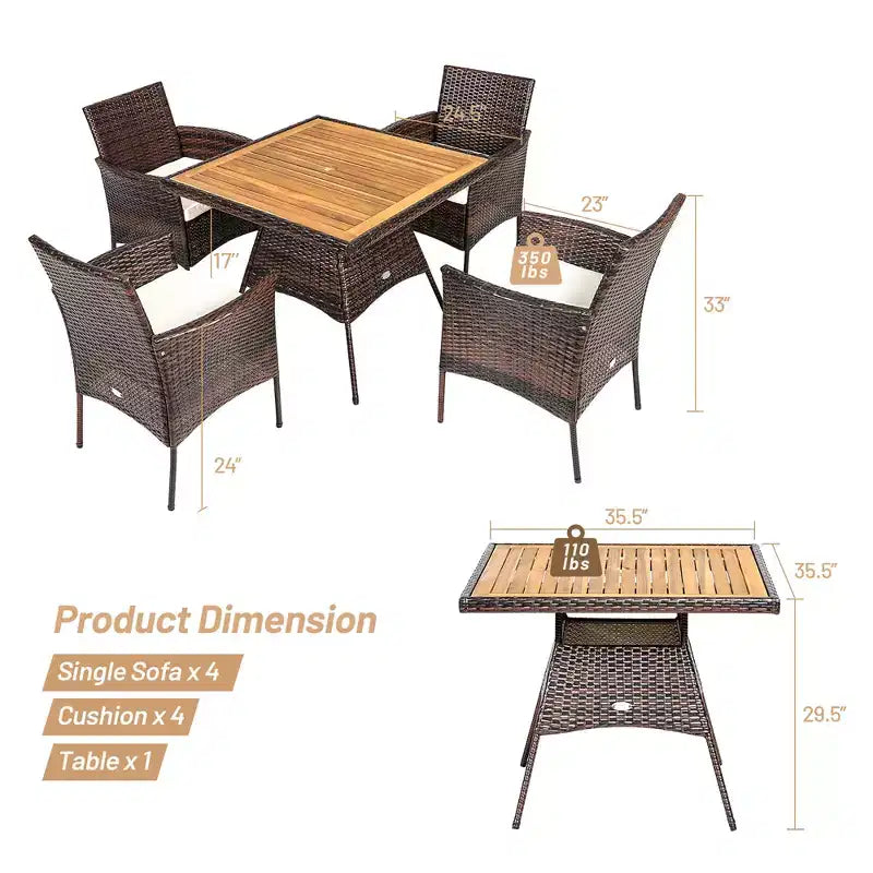 Set Mobili da Giardino 5 pz in Rattan con Poltrone e Tavolo in Legno Costway