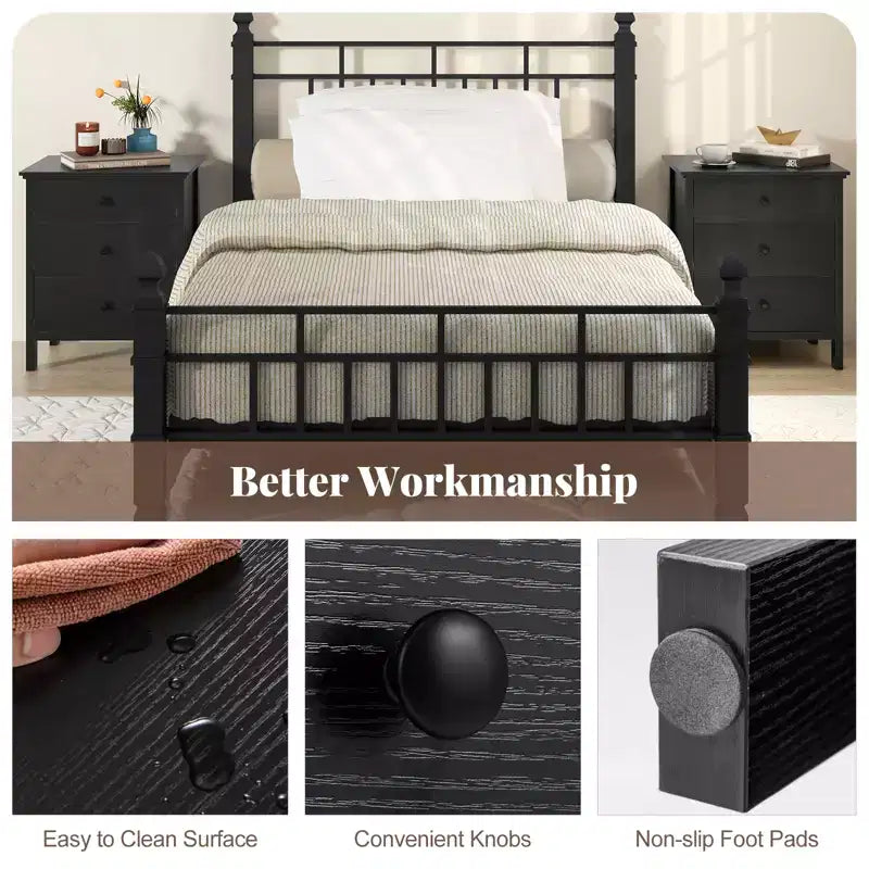 Costway Nightstand Beside End Side Table Accent Table Organizer W/3 Drawers Black