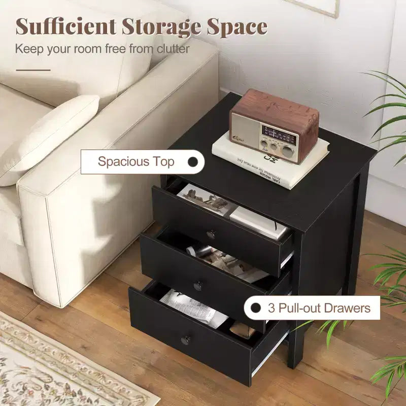 Costway Nightstand Beside End Side Table Accent Table Organizer W/3 Drawers Black