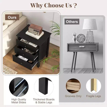 Costway Nightstand Beside End Side Table Accent Table Organizer W/3 Drawers Black