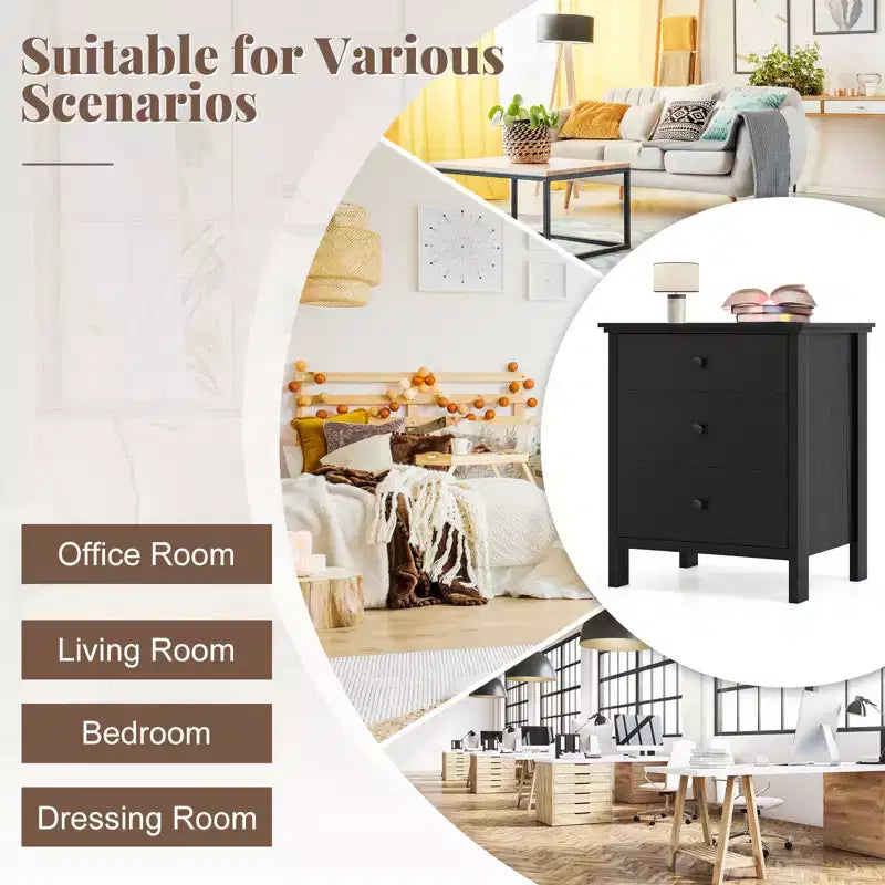 Costway Nightstand Beside End Side Table Accent Table Organizer W/3 Drawers Black
