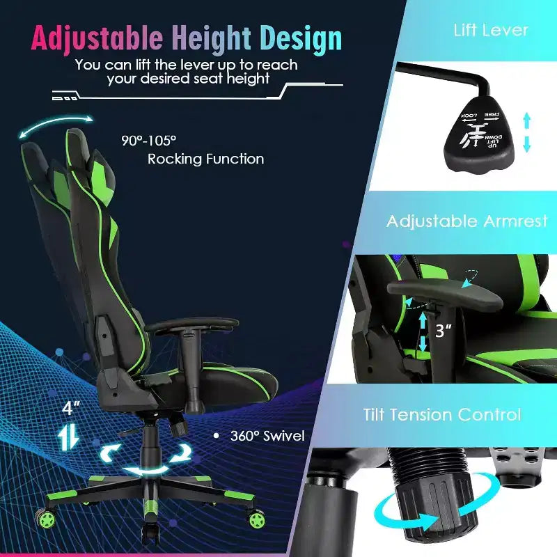 Sedia da gaming Costway, girevole e regolabile, con luci LED dinamiche