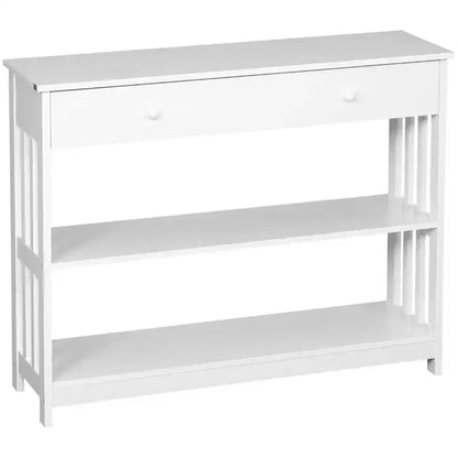 HOMCOM Console Hallway Table with Extra Wide Pull Out Drawer, 2 Open Shelves and Slatted Wood Frame Design